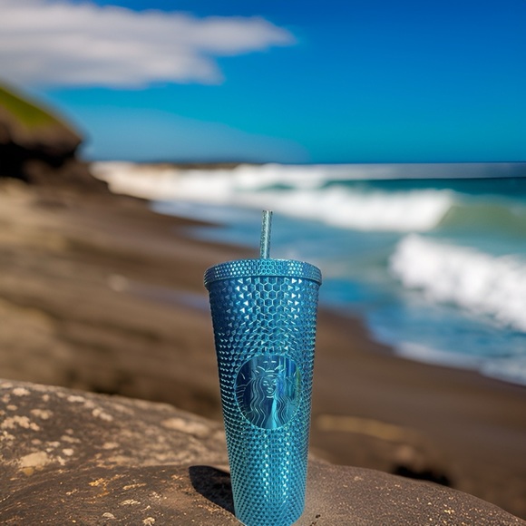 Starbucks 2023 Blue Chrome Studded Venti 24oz Tumbler with Straw - Picture 2 of 7